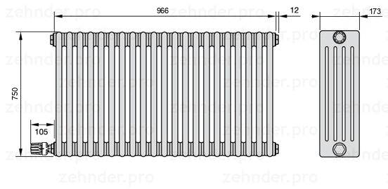 Схема (чертеж) Радиатор Zehnder Charleston 5075/21 №V003 Белый глянцевый RAL 9016